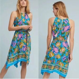 LILKA Anthropologie Blue Pink Floral Halter Belted Handkerchief Hem Dress M